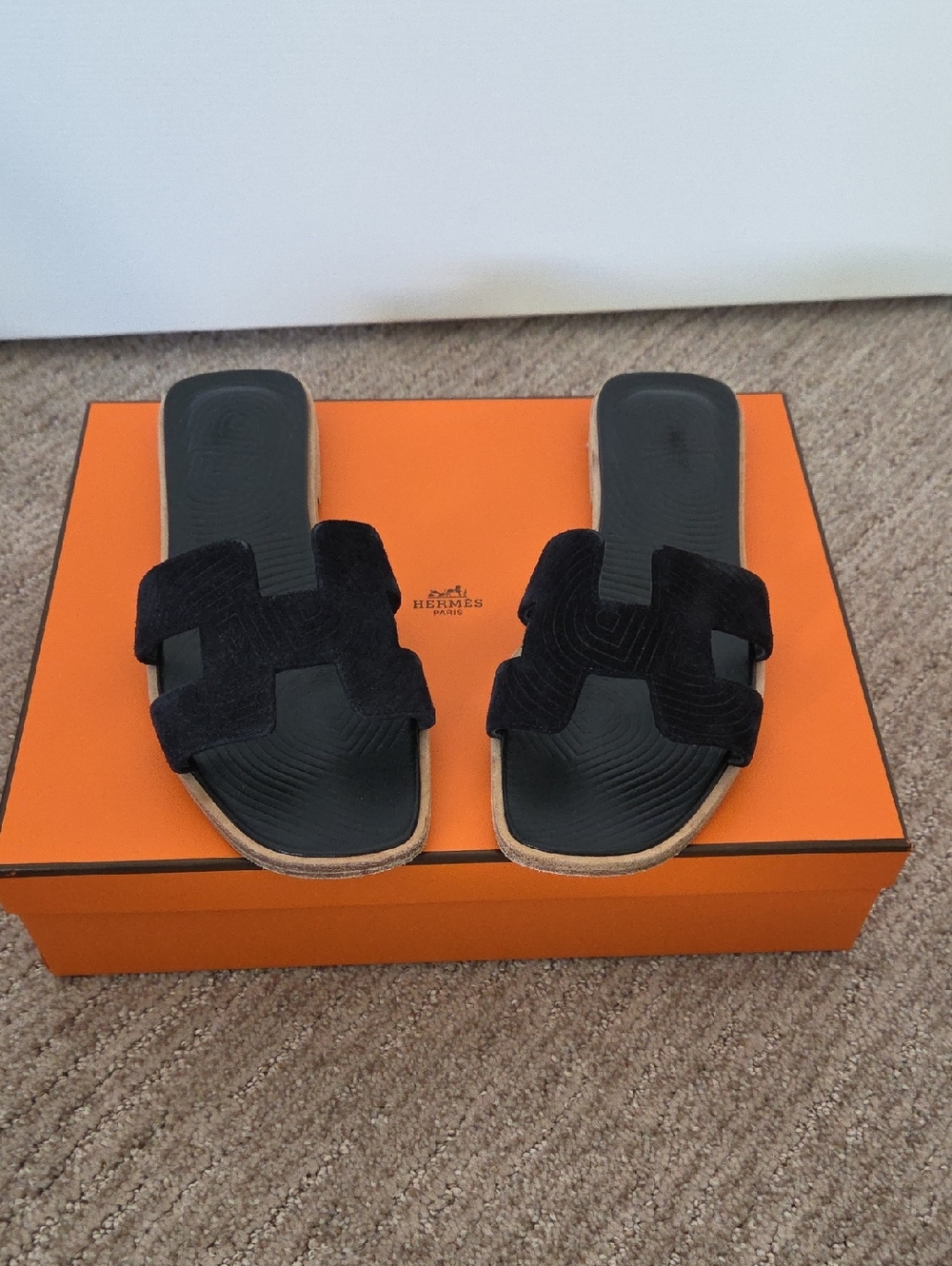 Hermès Black Oran Slide Suede Sandals